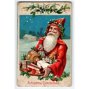 Santa Claus Christmas Postcard Old World Embossed Toy Dolls Saxony 1908 Vintage